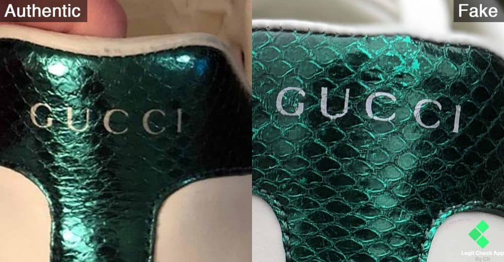 Поддельный текст на зеленом каблуке-туза от Gucci и настоящий