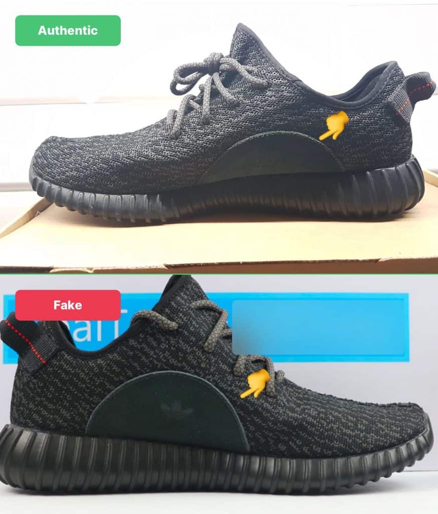 fake vs real Yeezy Pirate Black suede patch