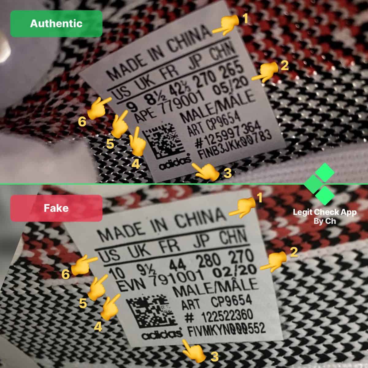 Comparison of the size tag inside a real and a fake pair of Yeezy Zebras