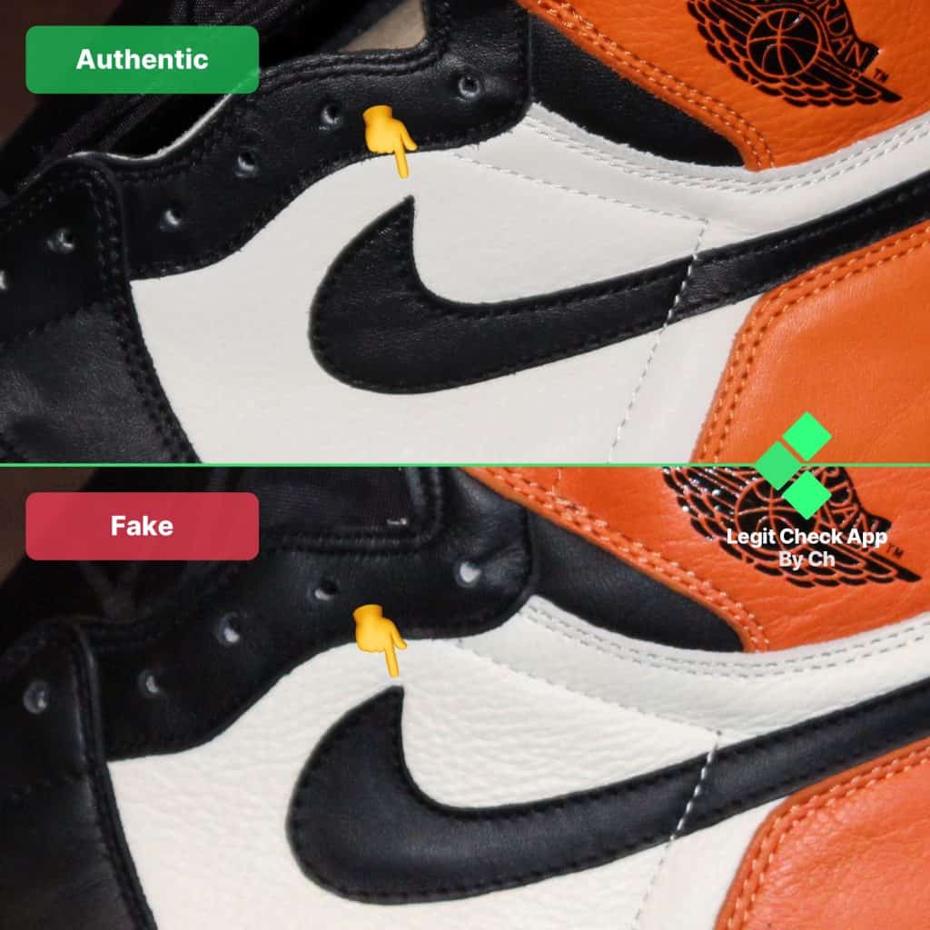 Comparing authentic and fake Jordan 1 for the Swoosh (Nike logo)