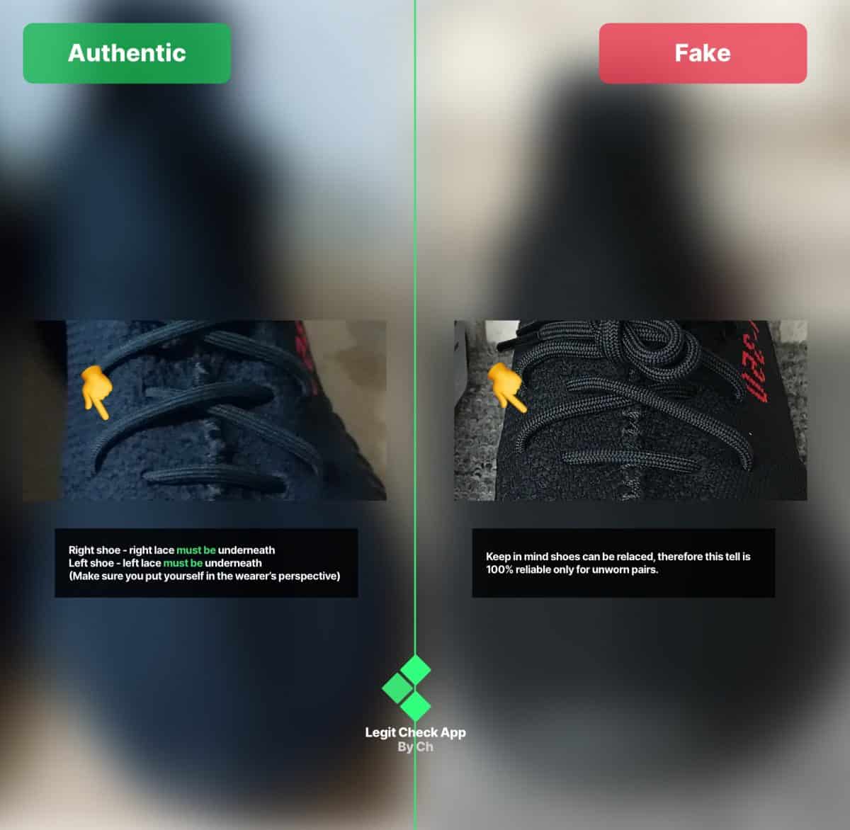 Comparing two real vs fake Yeezy Bred pairs side-by-side for their lacing styles