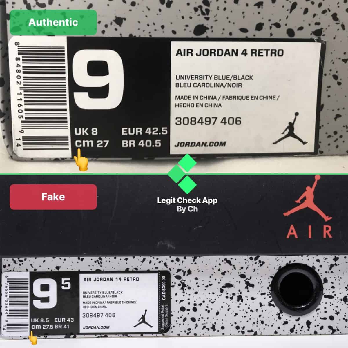 Поддельные против настоящих этикеток на коробке Air Jordan 4 TS