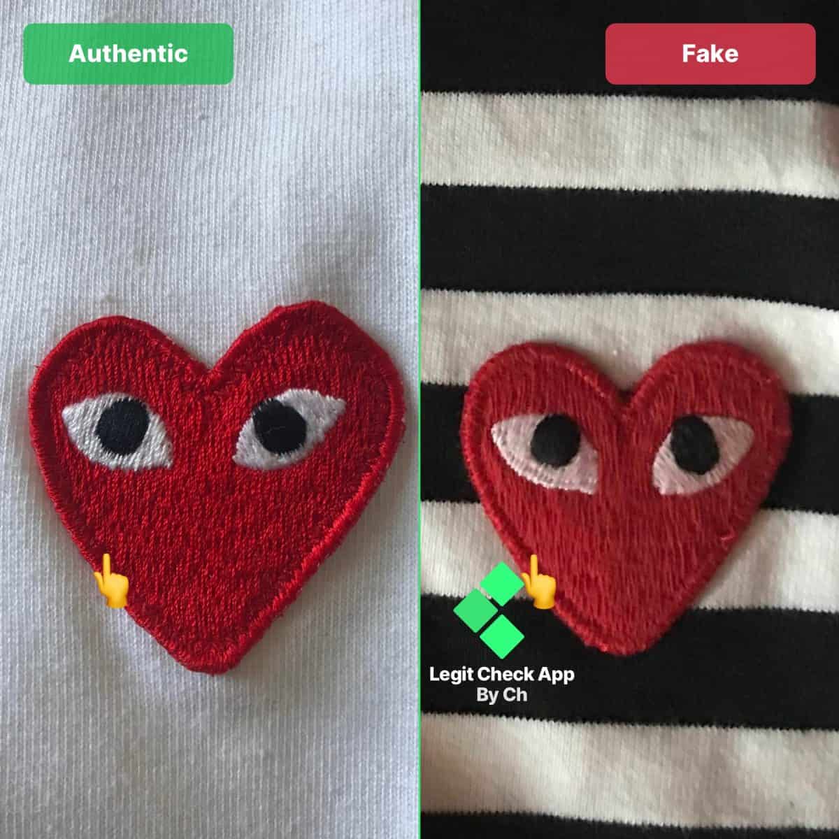 CDG Red Heart Colour fake vs rela