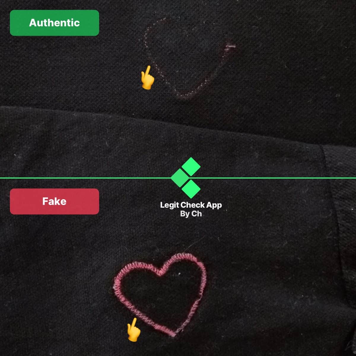 real vs fake comme des garcons hearts inside stitching