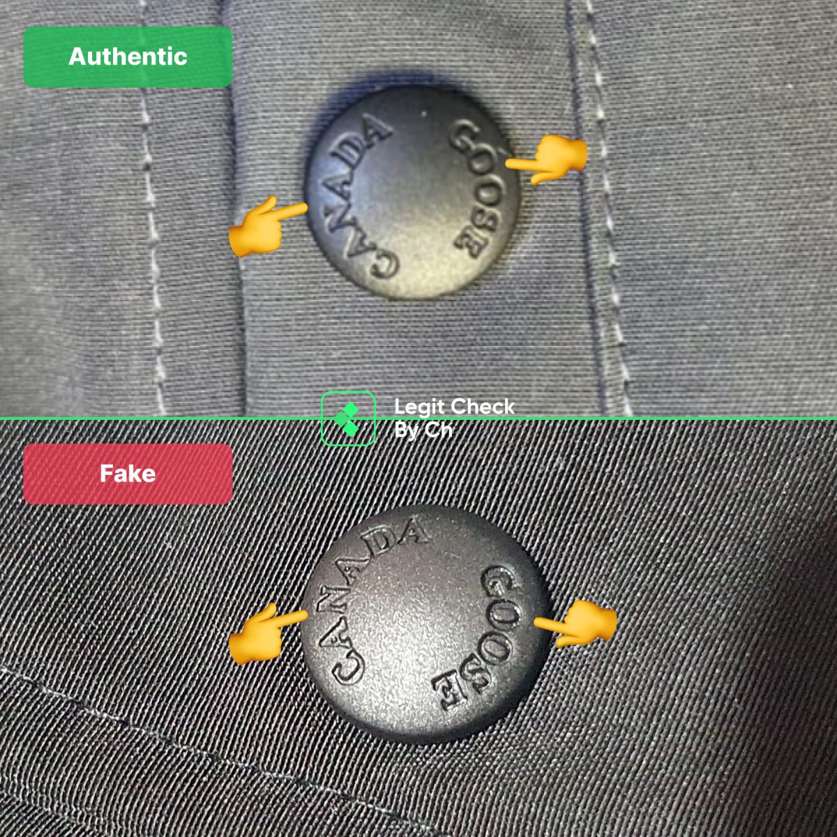 Buttons comparison of the real vs fake Canada Goose Jackets