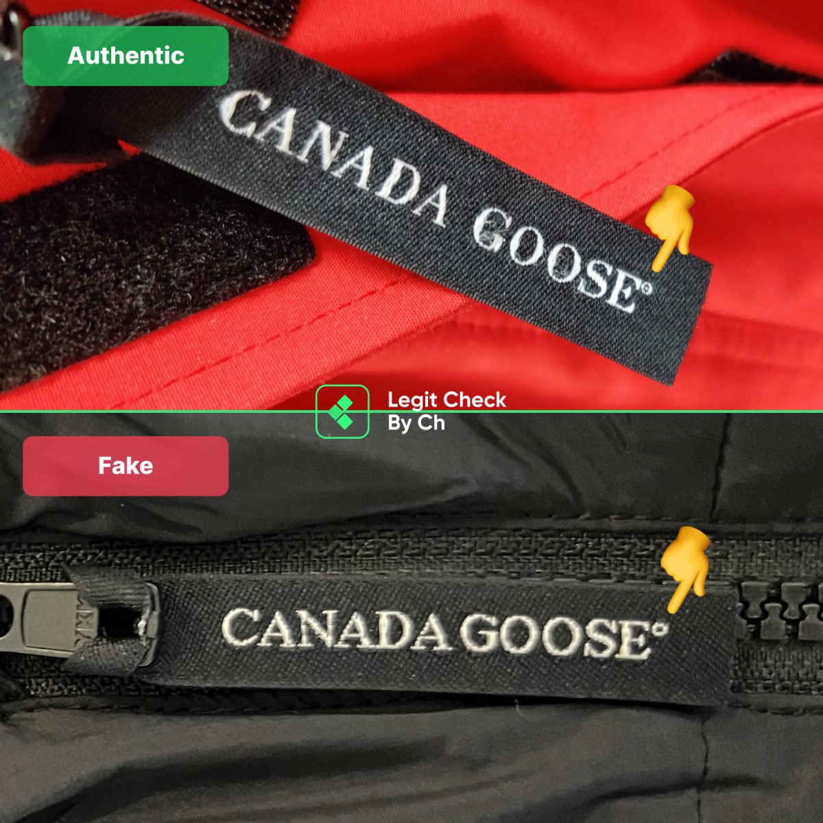 Zipper comparison of the real vs fake Canada Goose Jackets