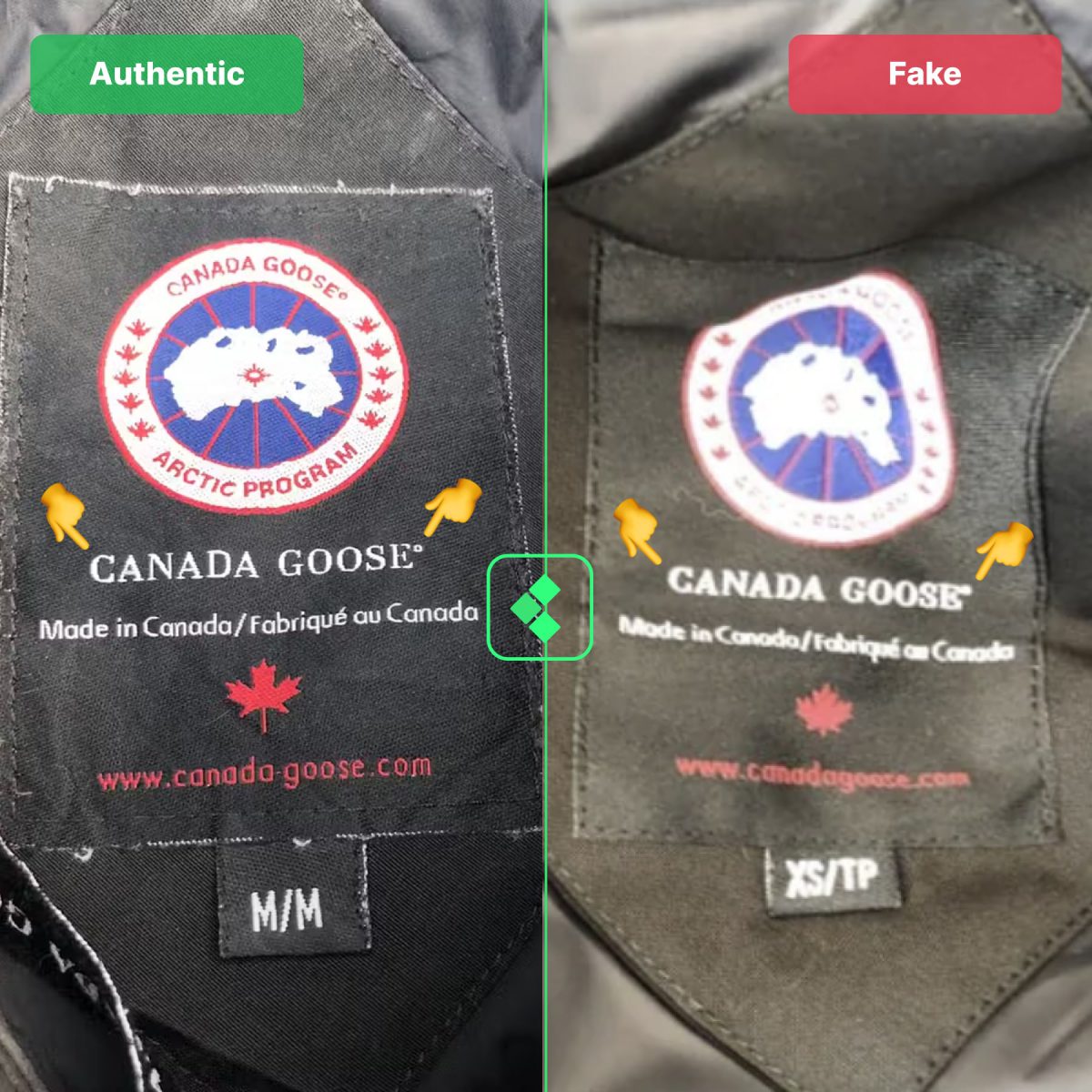 Neck Tag comparison of the real vs fake Canada Goose Jackets