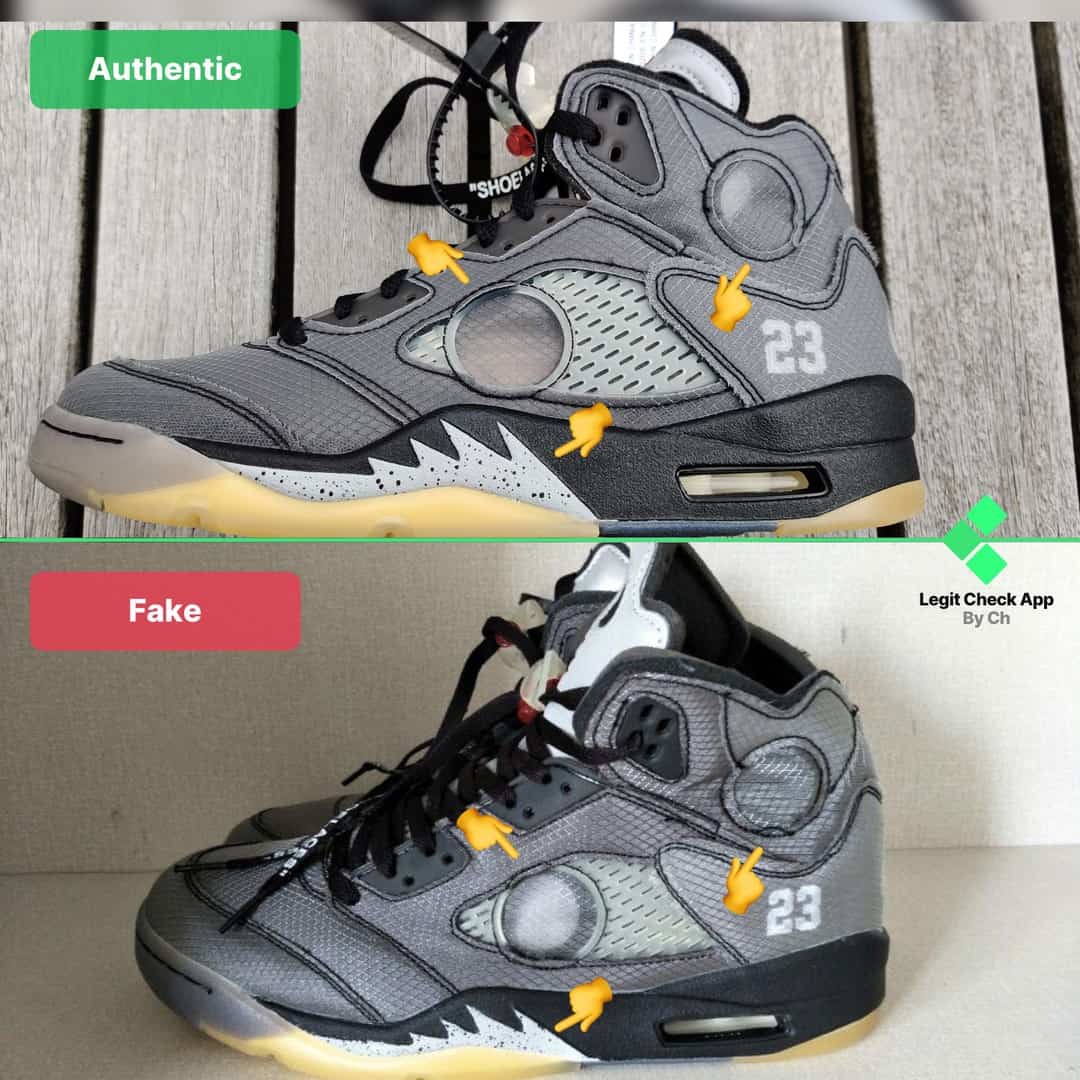 Off-White Jordan 5 Retro Black Real Vs Fake - How To Spot Fake Off ...