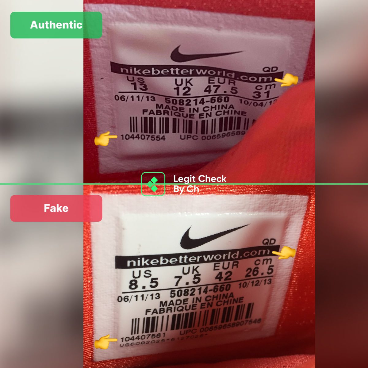 Authentic vs fake Yeezy Red October Comparison: Size Tags