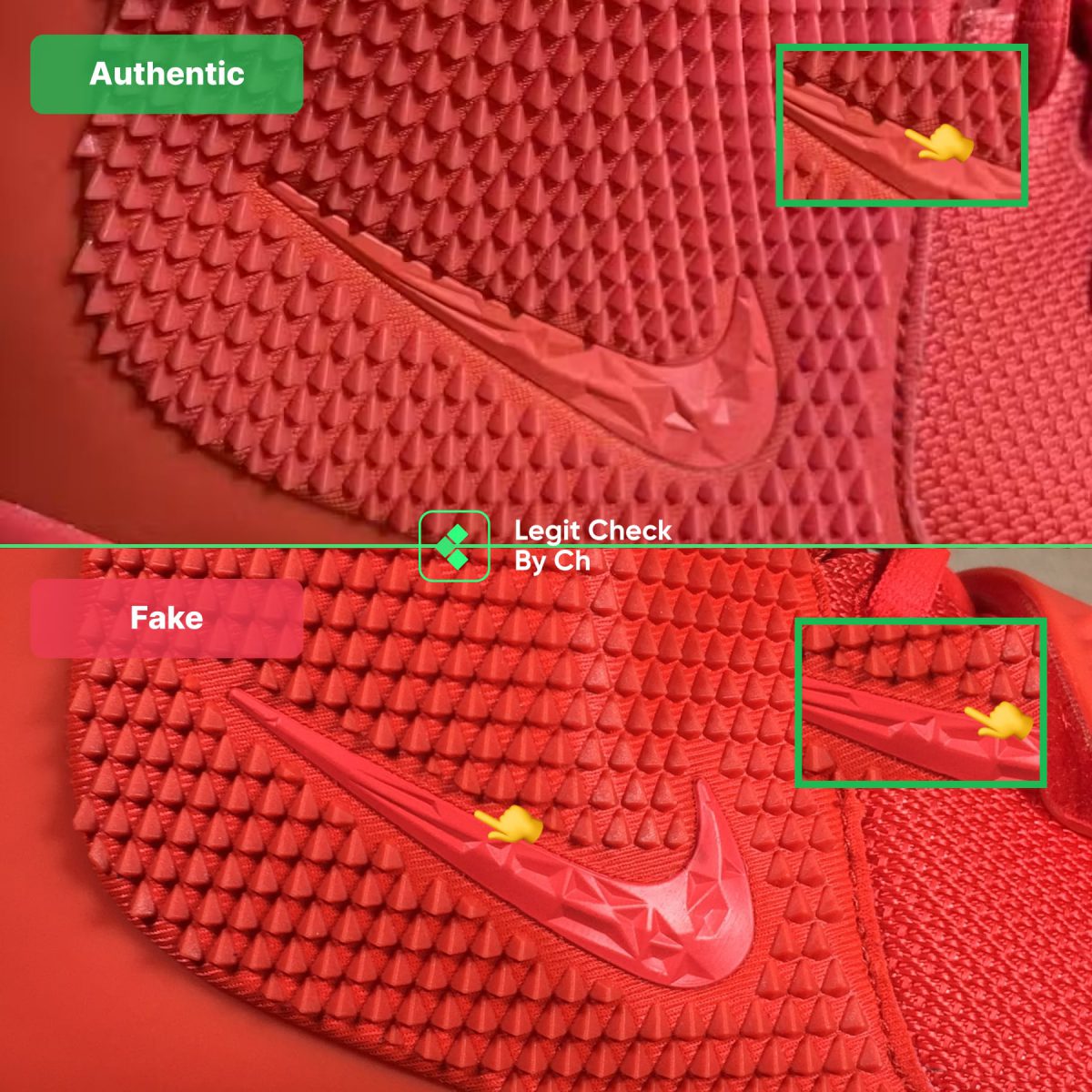 Authentic vs fake Yeezy Red October Comparison: Nike Logo