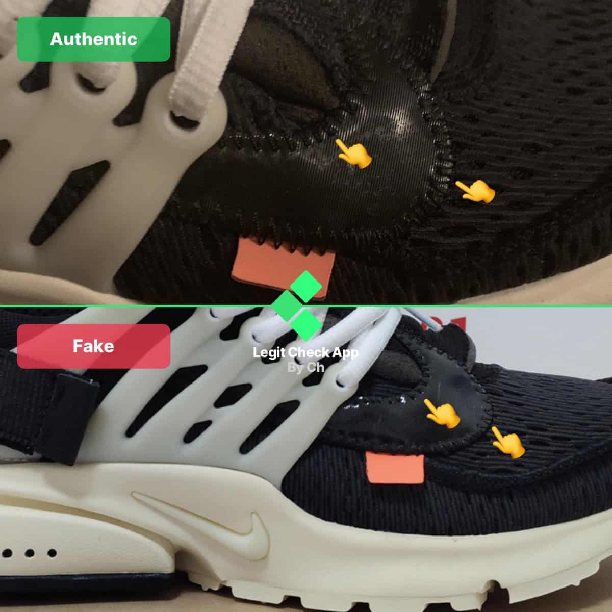 how to spot fake off-white presto by swoosh stitching