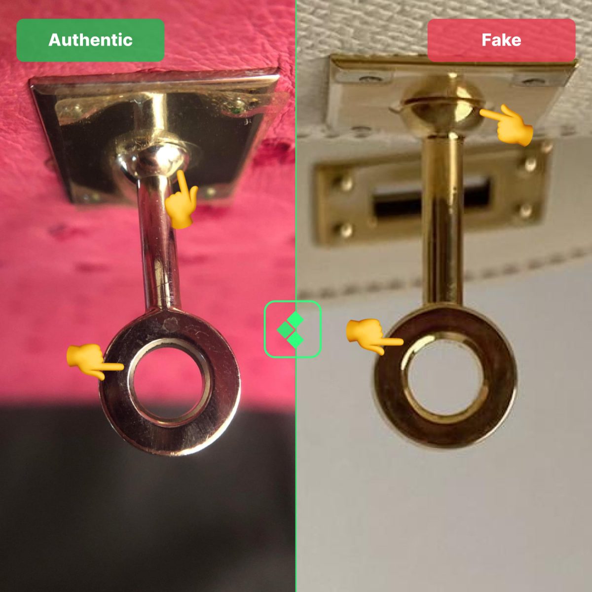 Authentic vs fake comparison of the Hermès Kelly bag's closure ring (buckle)