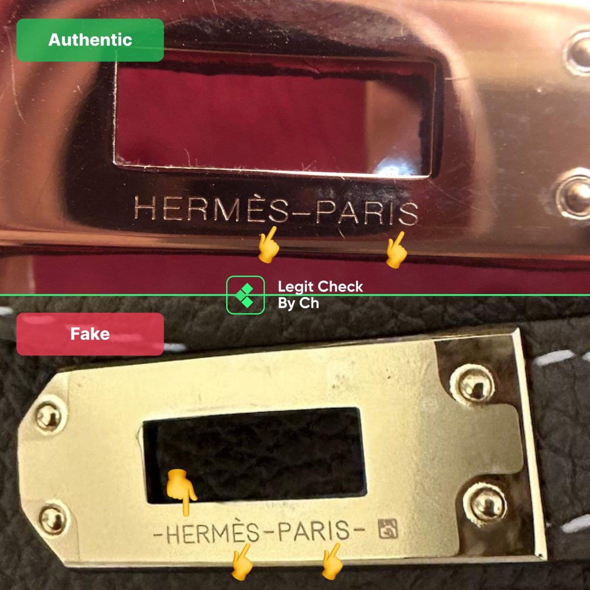 Authentic vs fake comparison of the Hermès Kelly bag's metal plate
