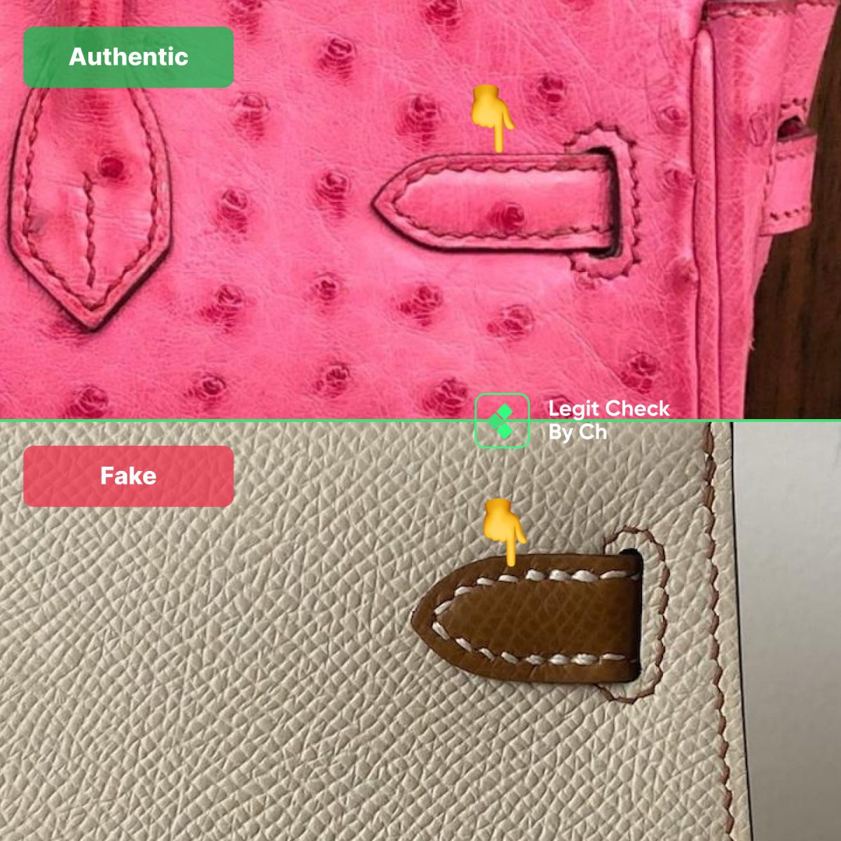 Authentic vs fake comparison of the Hermès Kelly bag's stitching