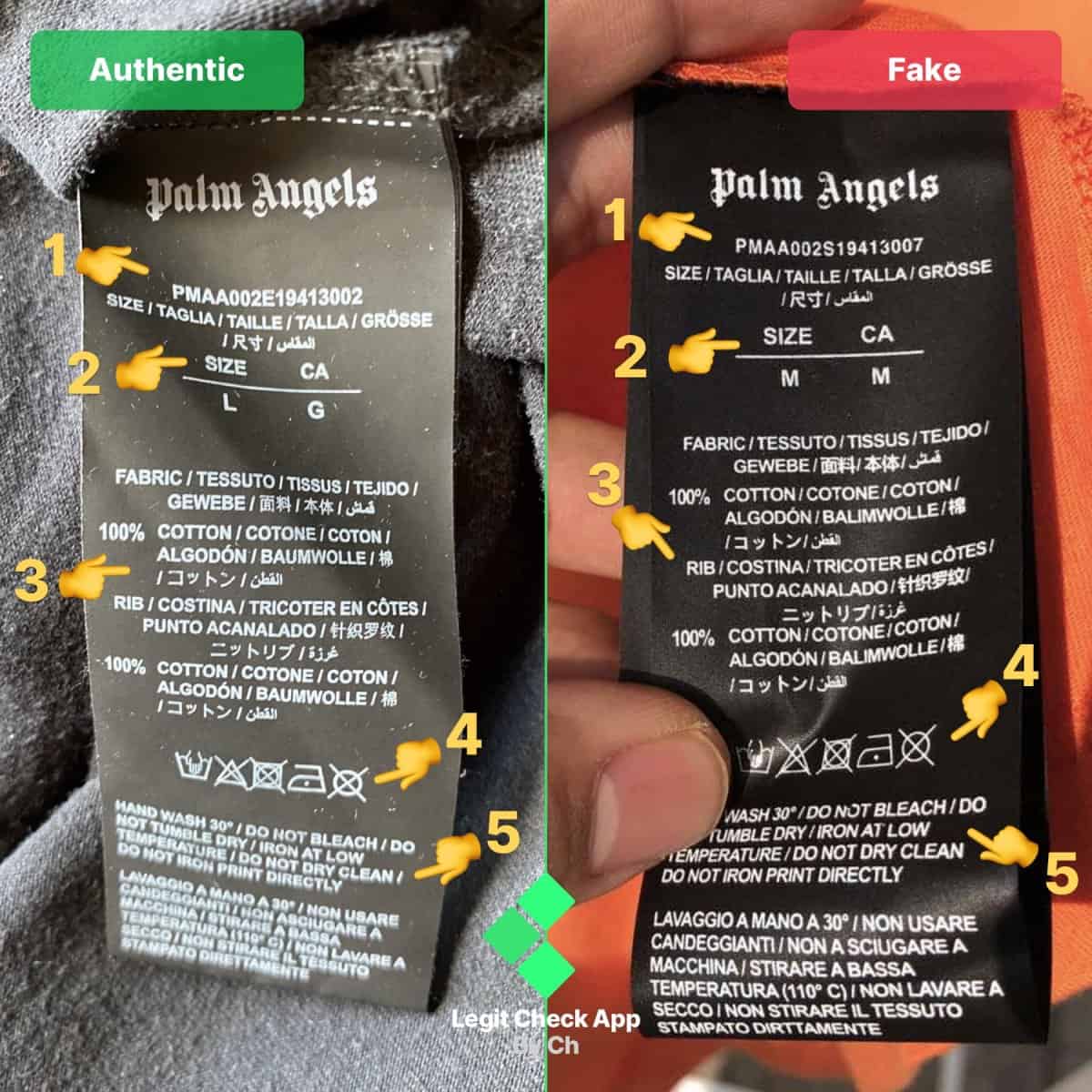 Palm Angels t-shirt wash tag comparison