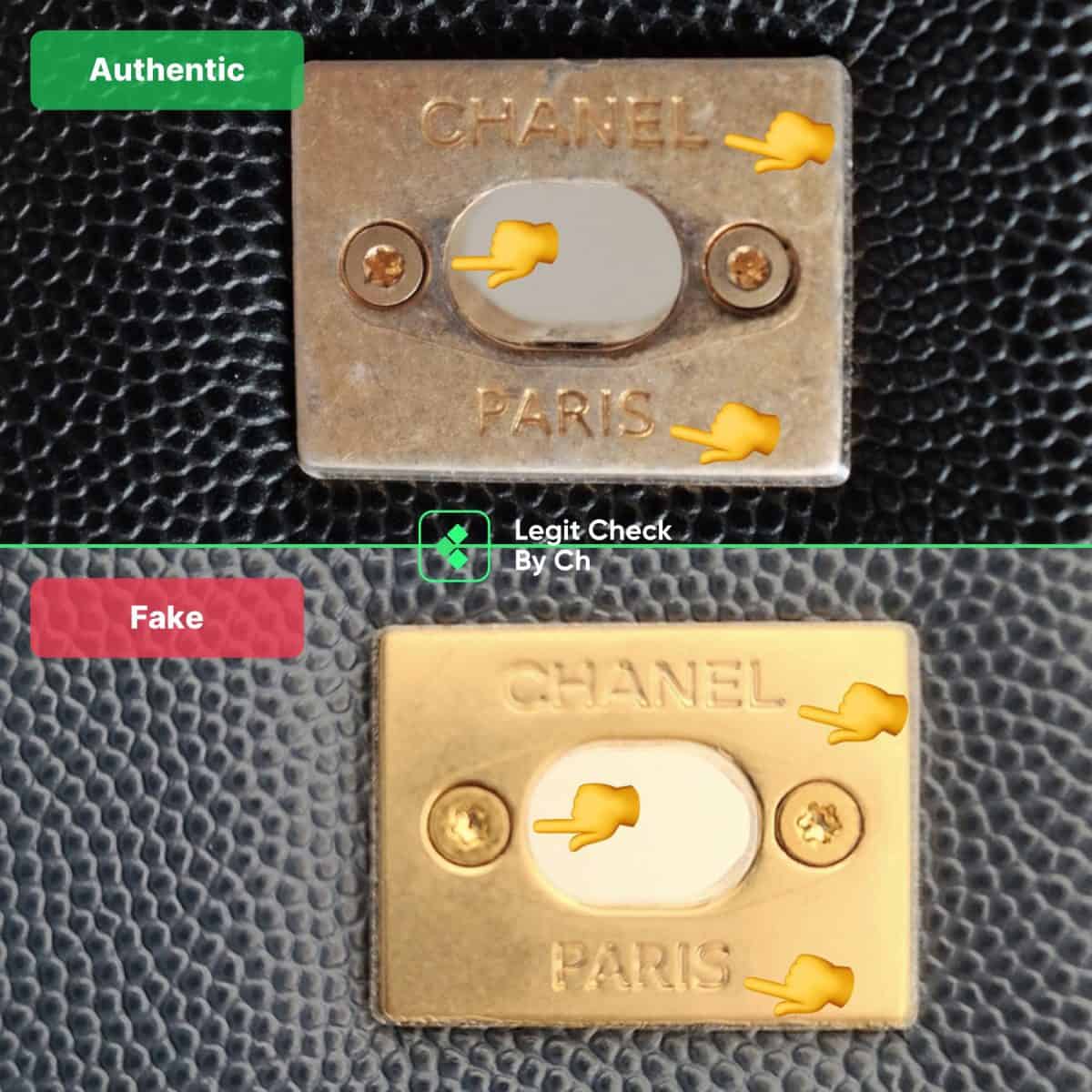 Comparison of the authentic and fake Chanel bags for their buckle engravings
