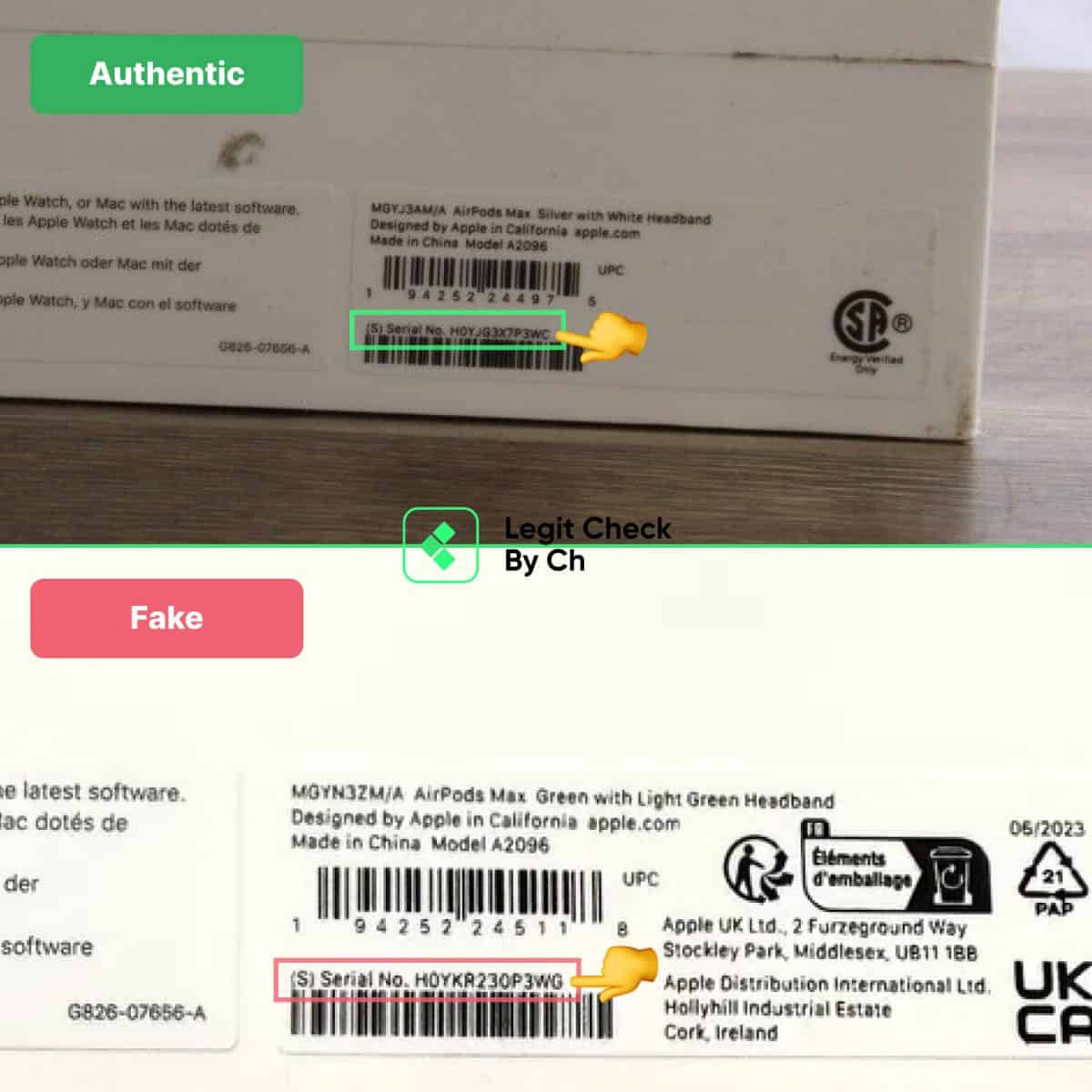Authentic Vs Fake AirPods Max Serial Number on the box