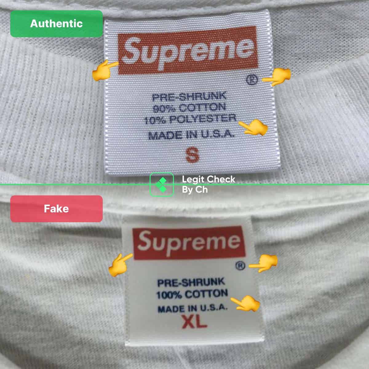 Step 1: Real vs fake Supreme box logo tee neck tag