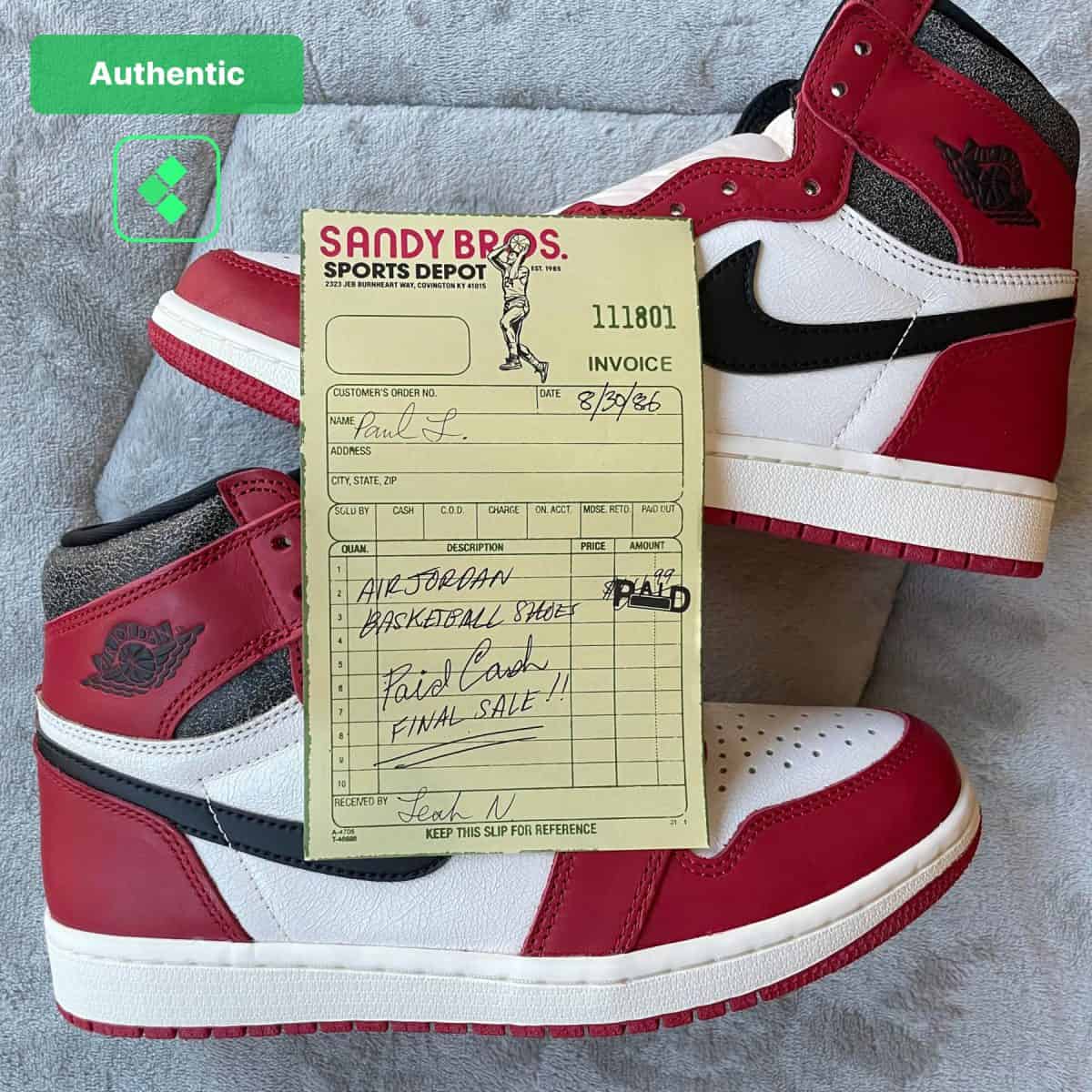 Air Jordan 1 Lost And Found Authentic Receipt