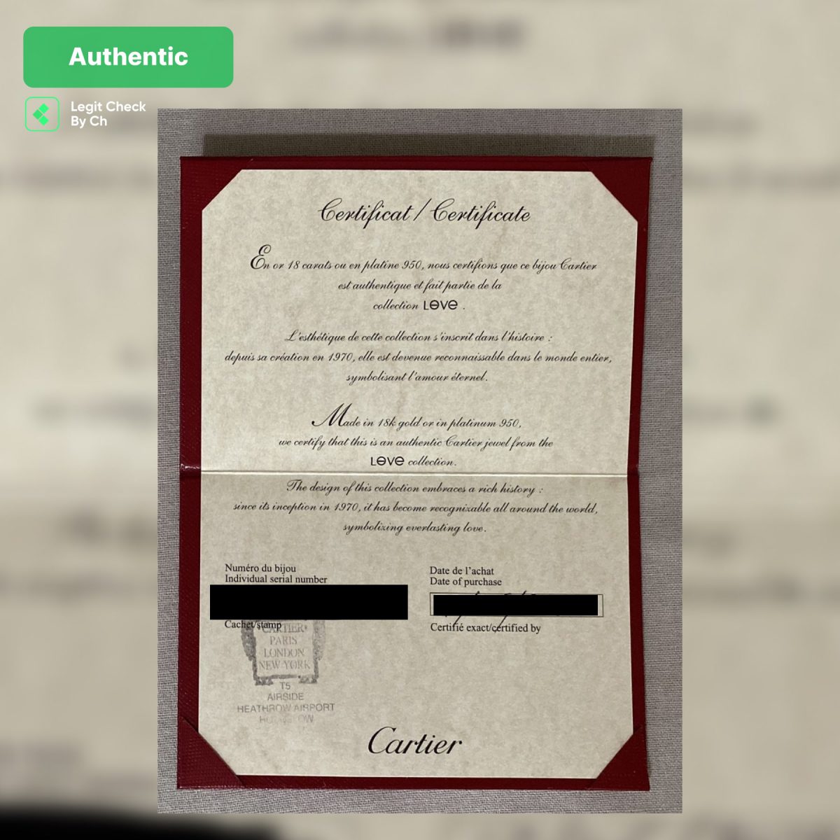 Genuine Cartier Authenticity Certificate