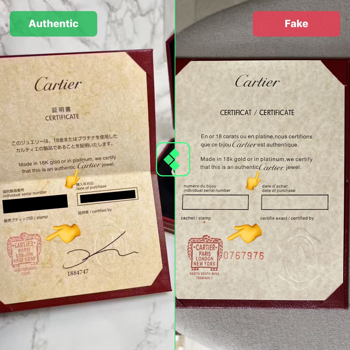 Comparing real vs fake Cartier Love bracelets for their certificates