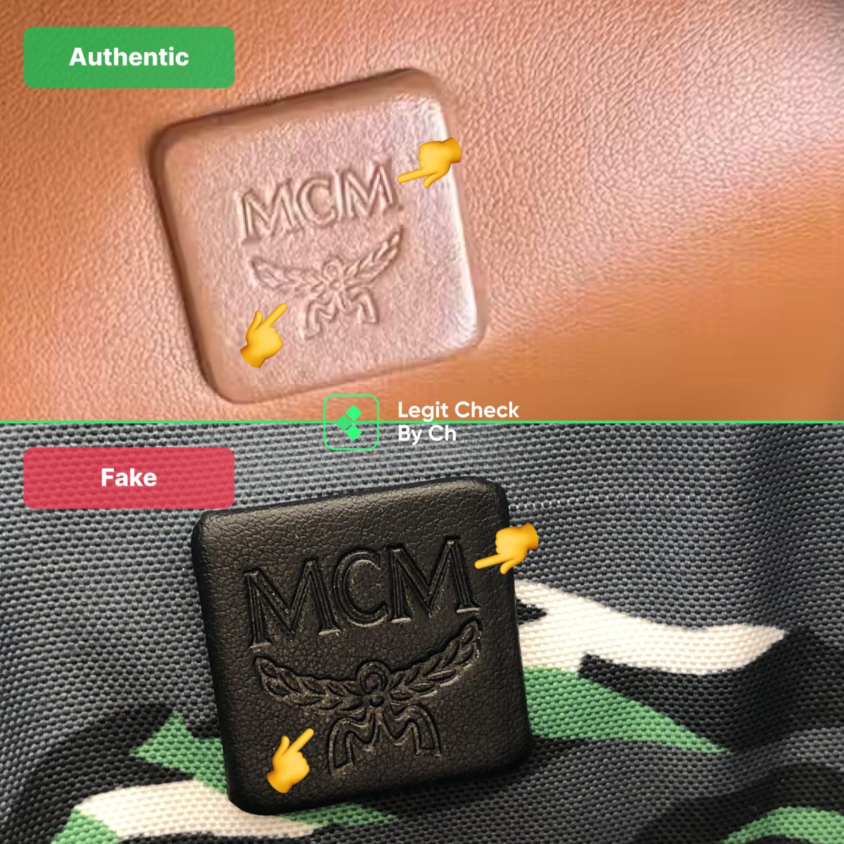 MCM Real Vs Fake Comparison - Engraved Logo