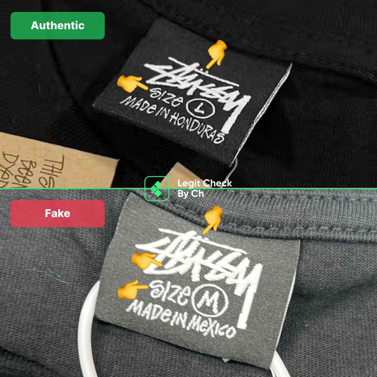 Comparison of real and fake Stüssy t-shirts for their neck tags