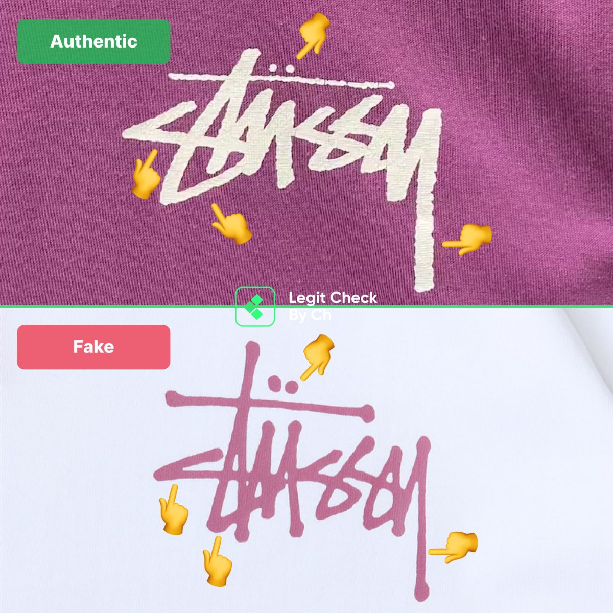 Comparison of real and fake Stüssy t-shirts for their logos