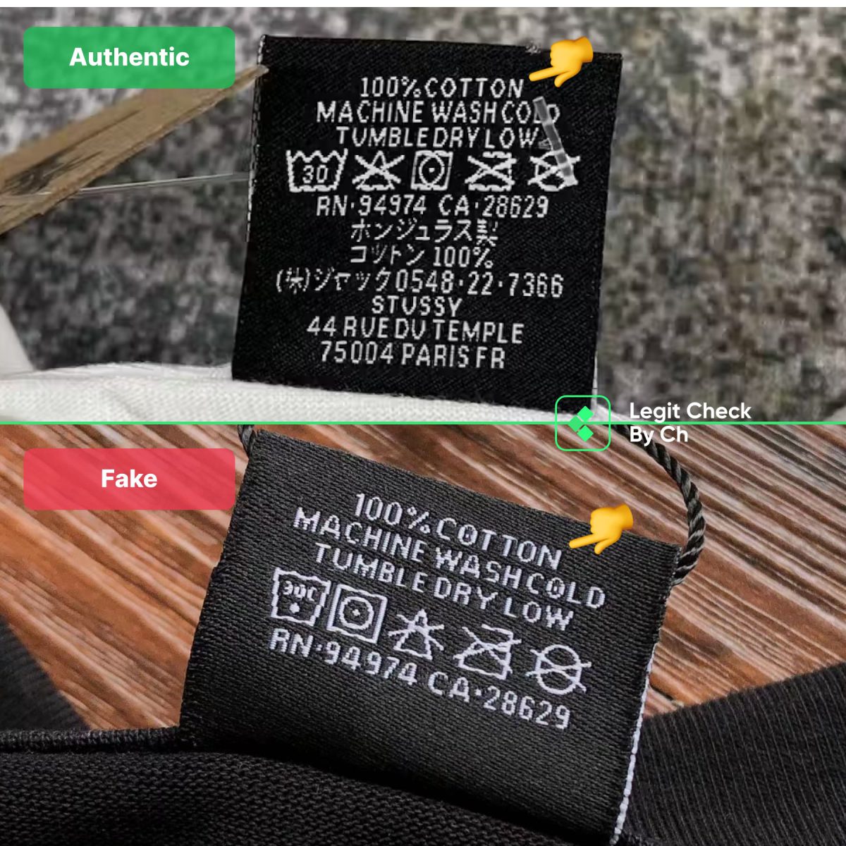 Comparison of real and fake Stüssy t-shirts for their wash tags (back of the neck tag)