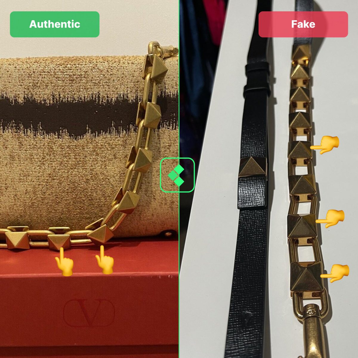 Comparing real vs fake Valentino bag chains