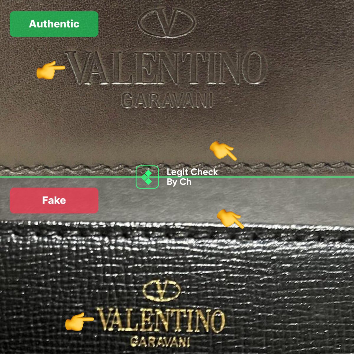 Comparing real vs fake Valentino bag inscriptions