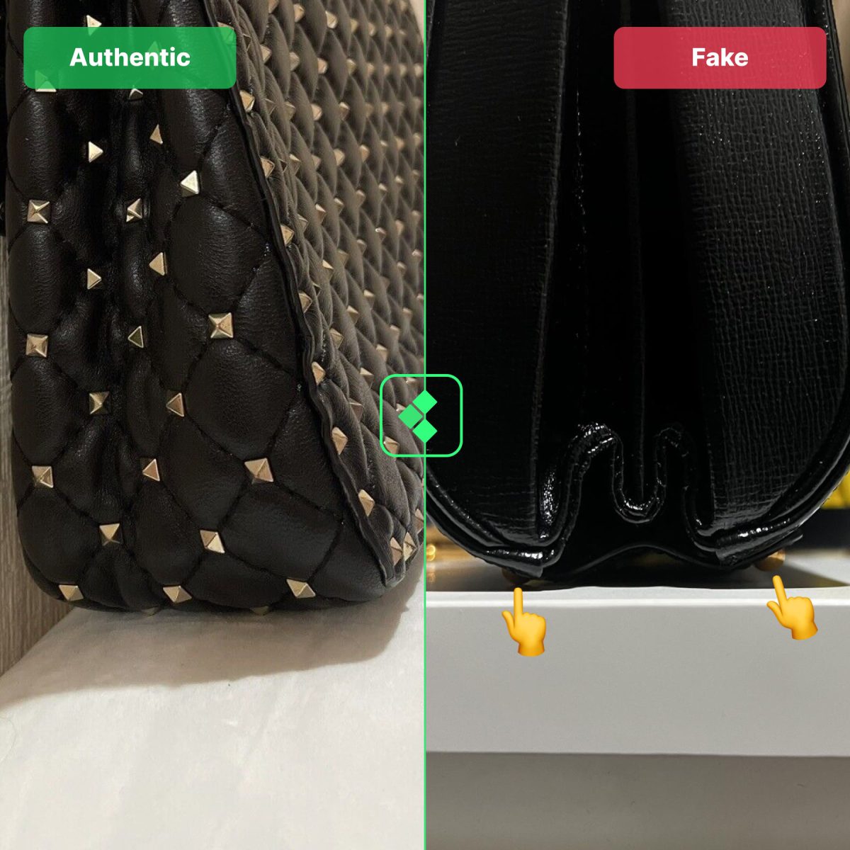 Comparing real vs fake Valentino bag shapes
