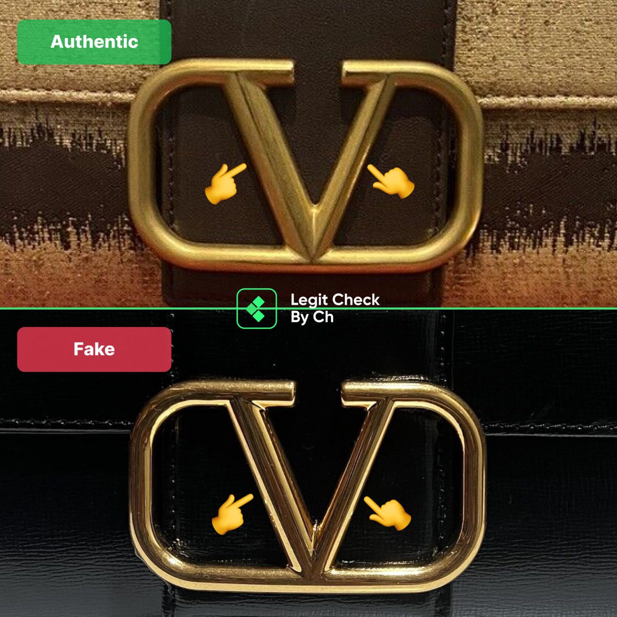 Comparing real vs fake Valentino bags for their V logos