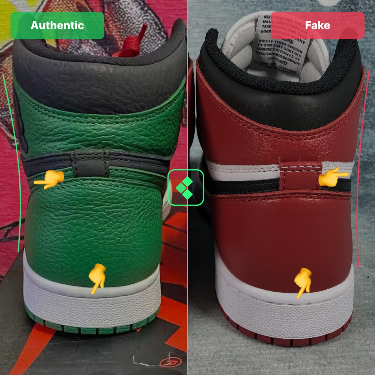 Сравнение подделок и реальных моделей Jordan 1 GS — форма сзади