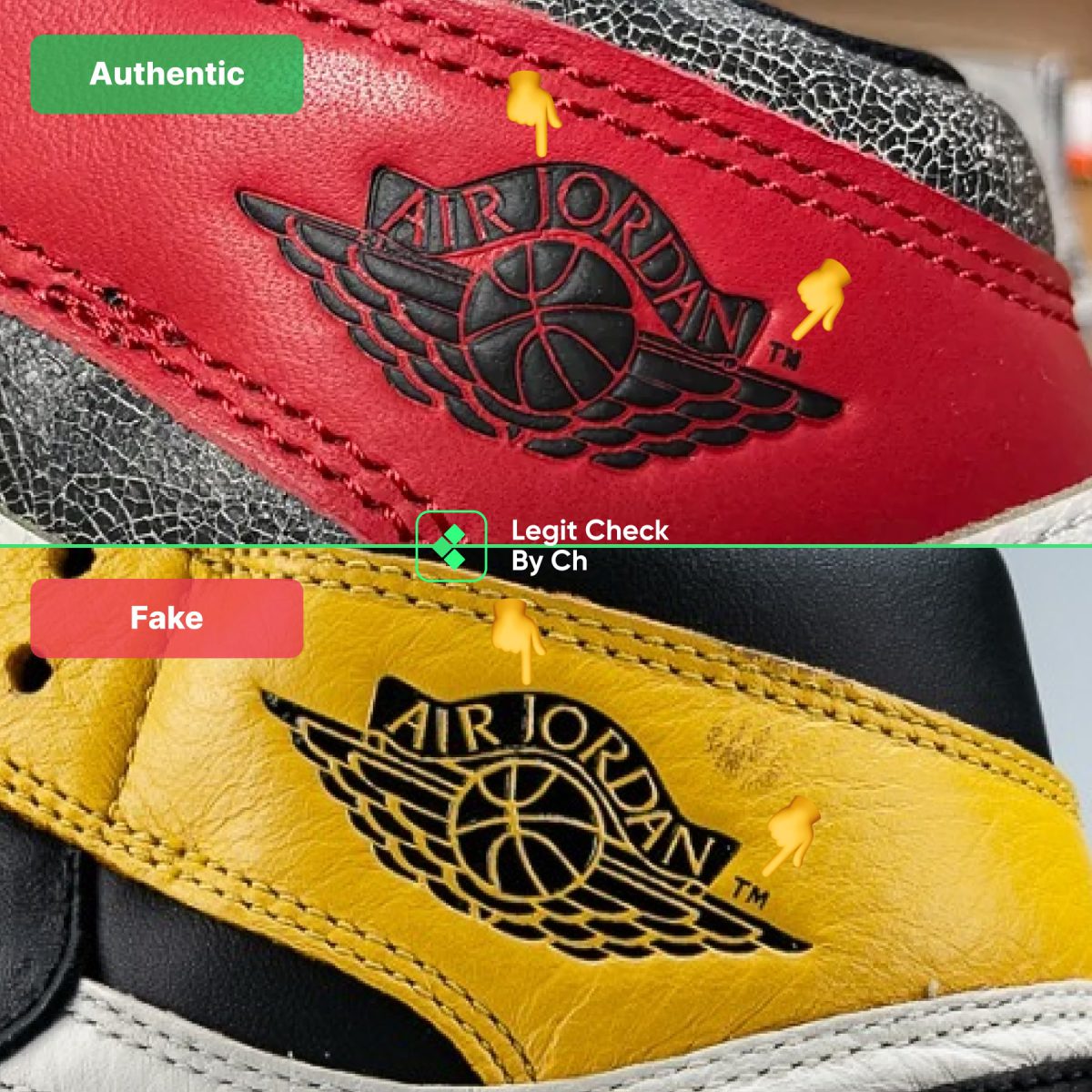 Сравнение Jordan 1 GS Fake и Real — логотипы