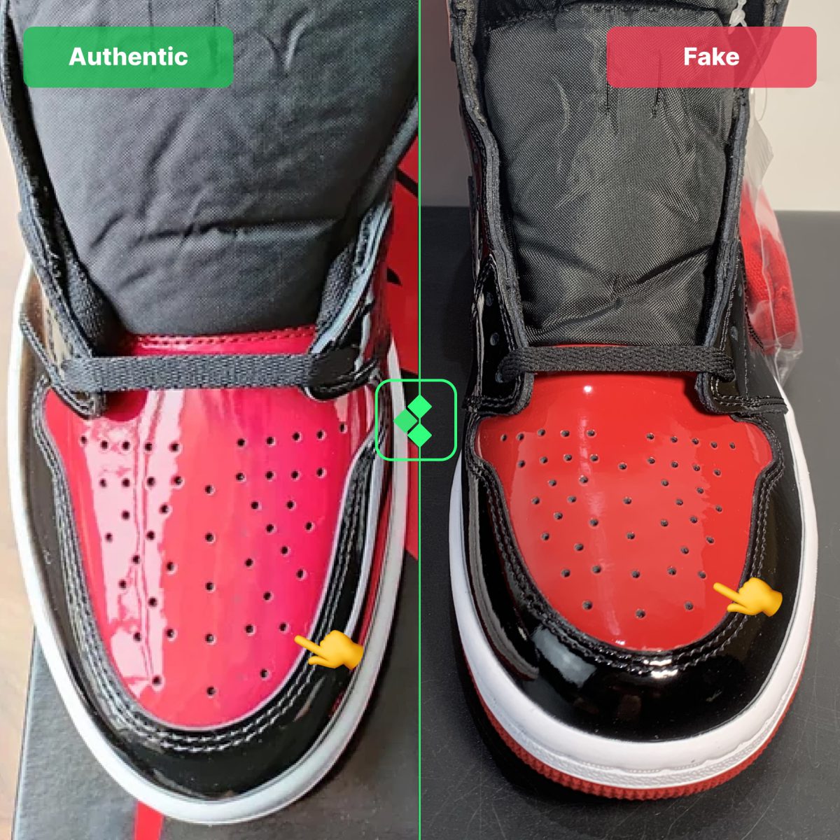 Jordan 1 Patent Bred Fake Vs Real: Toe Box
