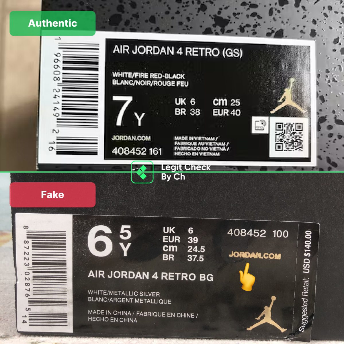 Jordan 4 GS Fake против Real Box