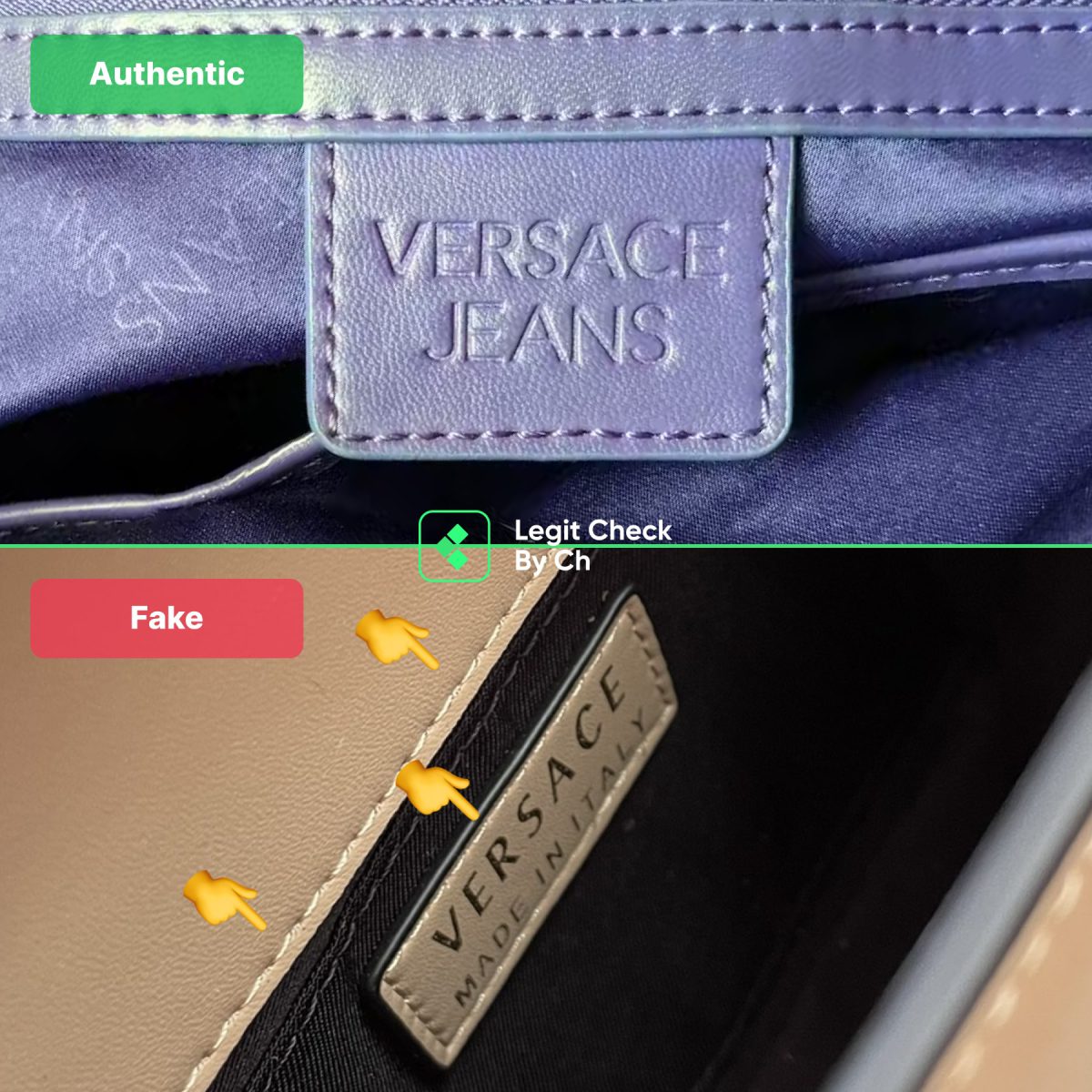 Подделка сумки Versace против настоящей этикетки