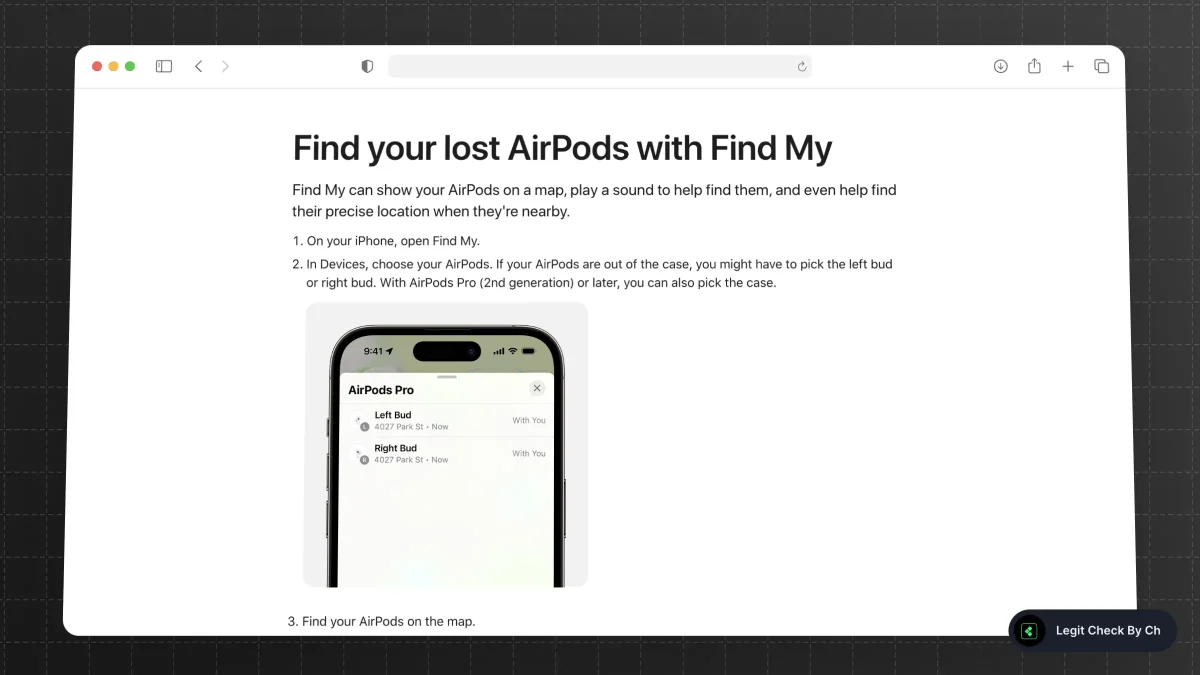 Screenshot from the 'Find My AirPods' page on Apple's website
