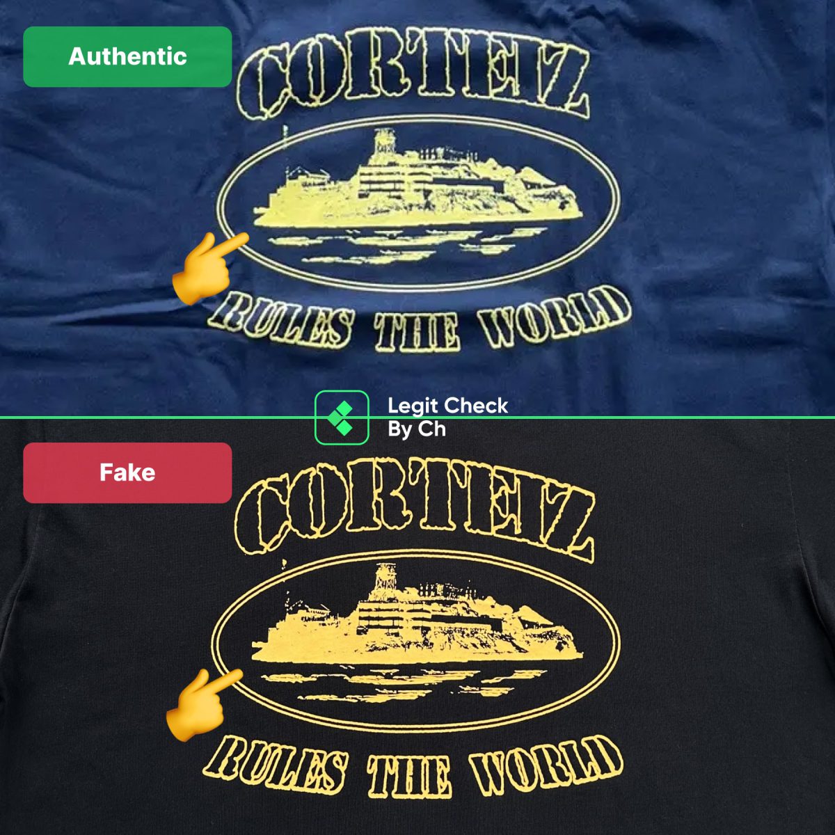 Real vs fake Corteiz comparison: Corteiz Rules The World print