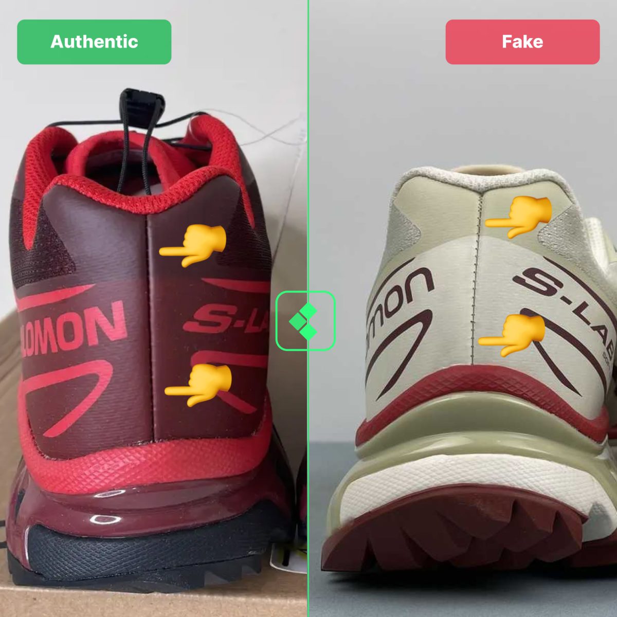 Authentic vs Fake Salomon XT-6 comparison from the back