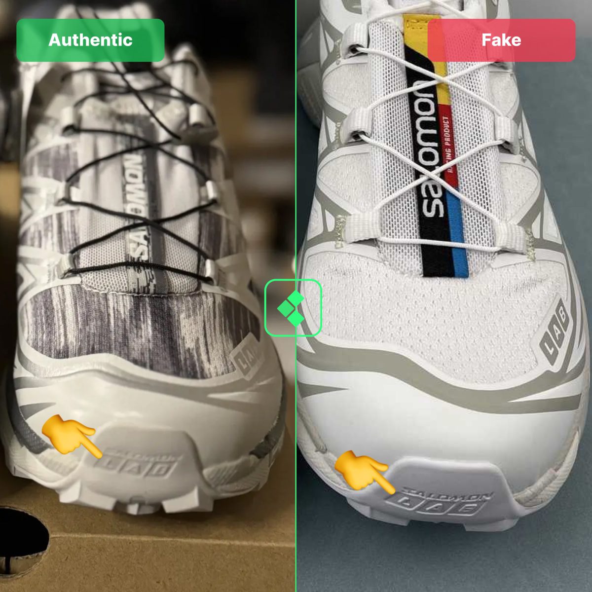 Authentic vs Fake Salomon XT-6 comparison: top-down view