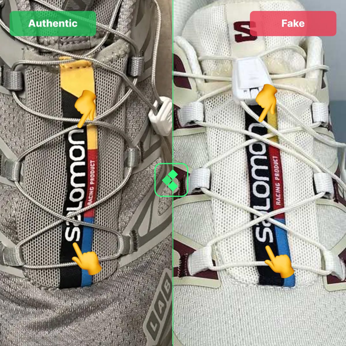 Authentic vs Fake Salomon XT-6 comparison: laces