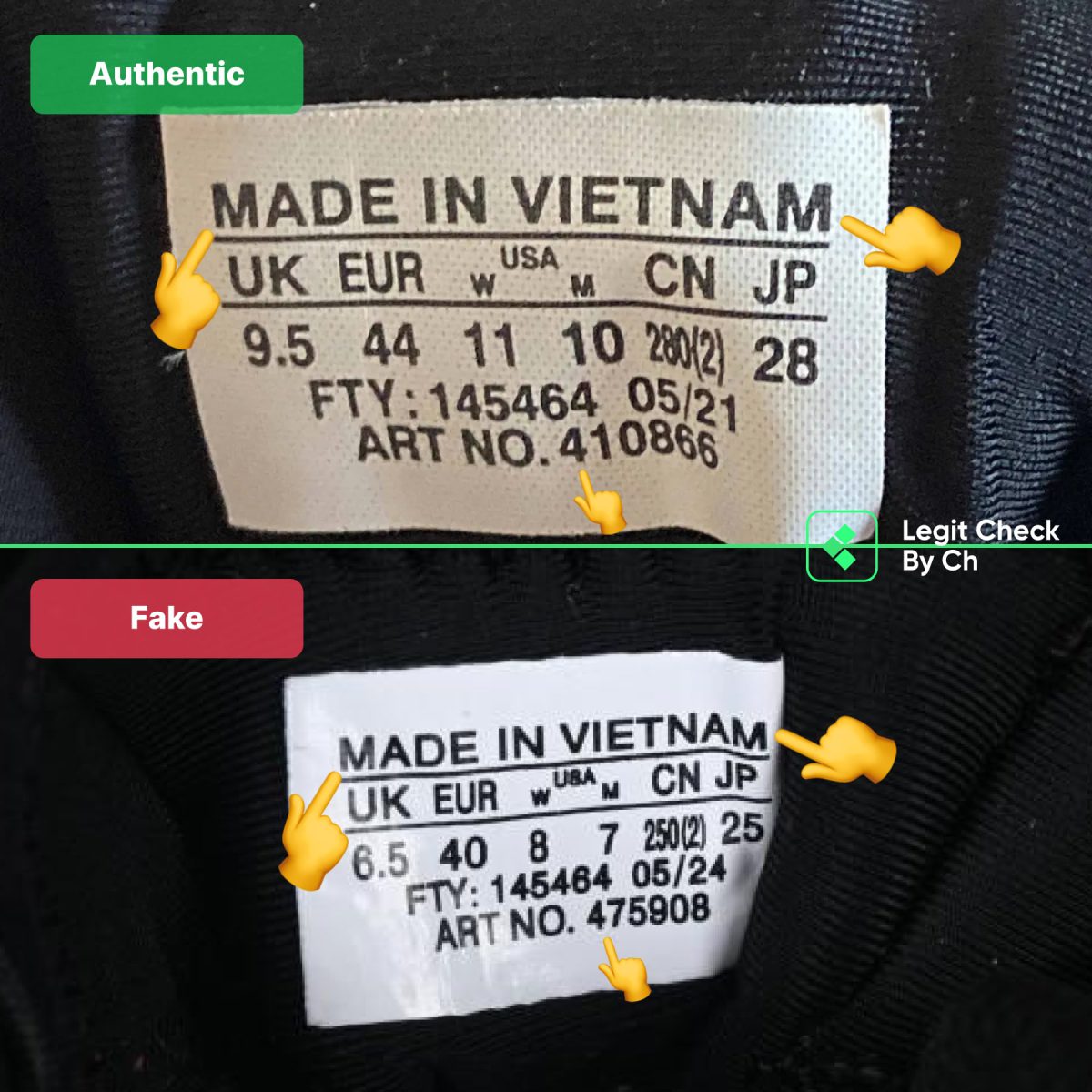Authentic vs Fake Salomon XT-6 comparison: size tag