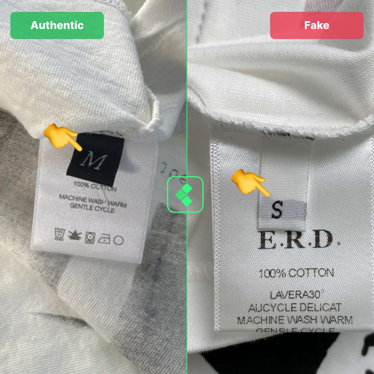 Fake vs real ERD comparison of the size label