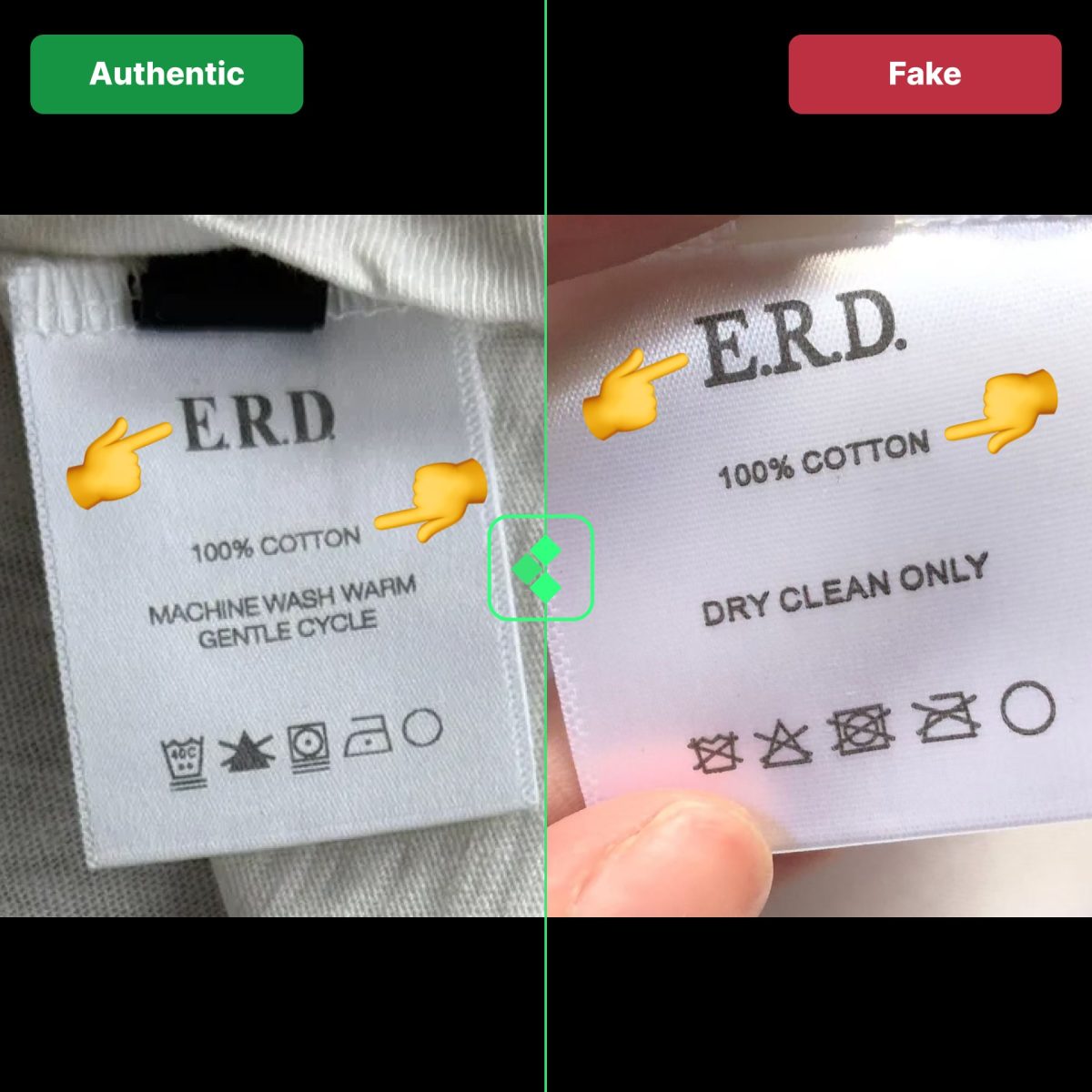 Fake vs real ERD comparison of the wash tag