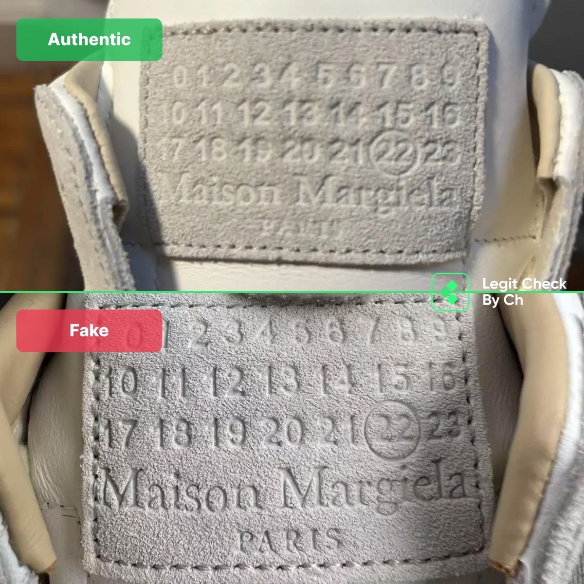 Comparison of real and fake Margiela sneakers: exterior tongue