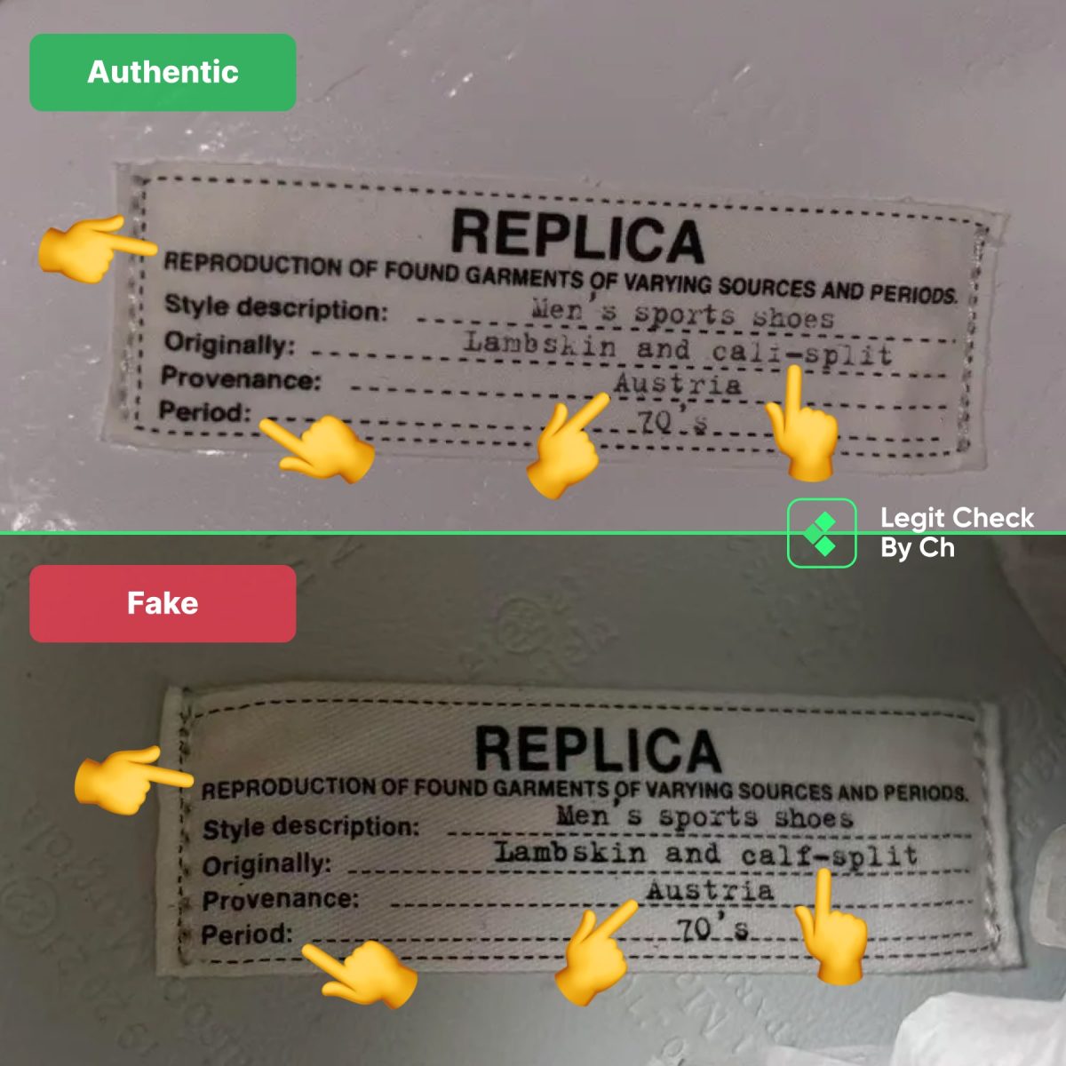 Comparison of real and fake Margiela sneakers: insole