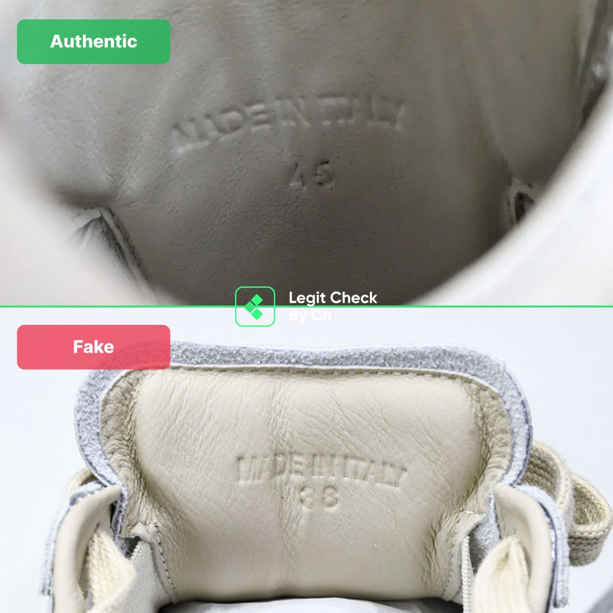 Comparison of real and fake Margiela sneakers: interior tongue