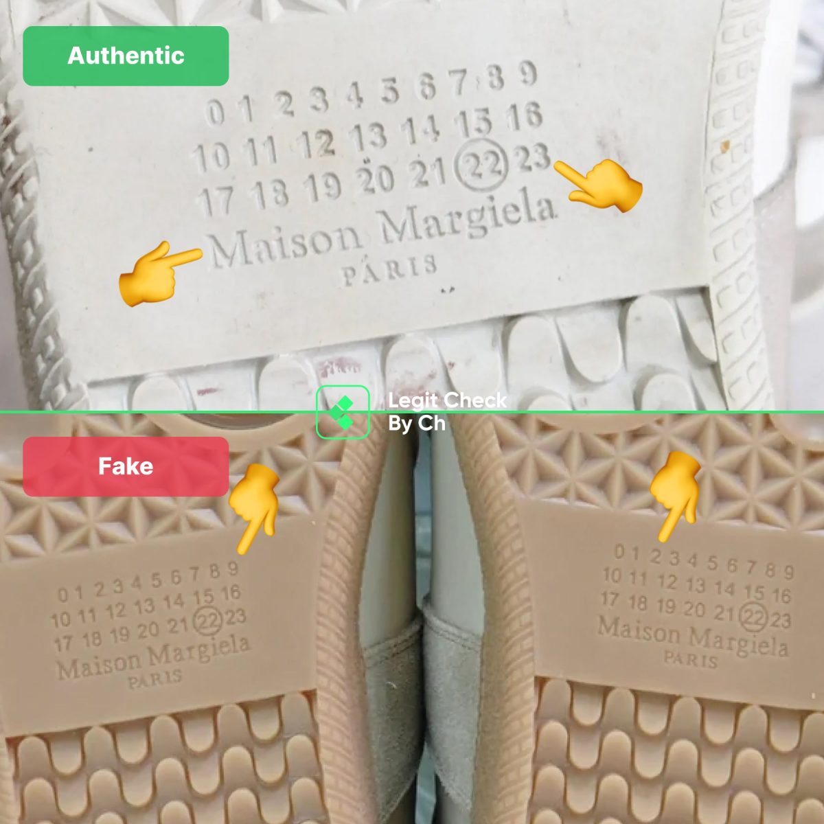 Comparison of real and fake Margiela sneakers: sole text